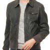 Regal Distressed Charcoal Leather Bomber Jacket - Feminine Fold Collar Snap Chest Pocket Ribbed Knit Waist Vintage Flight Sporty Rider Garment