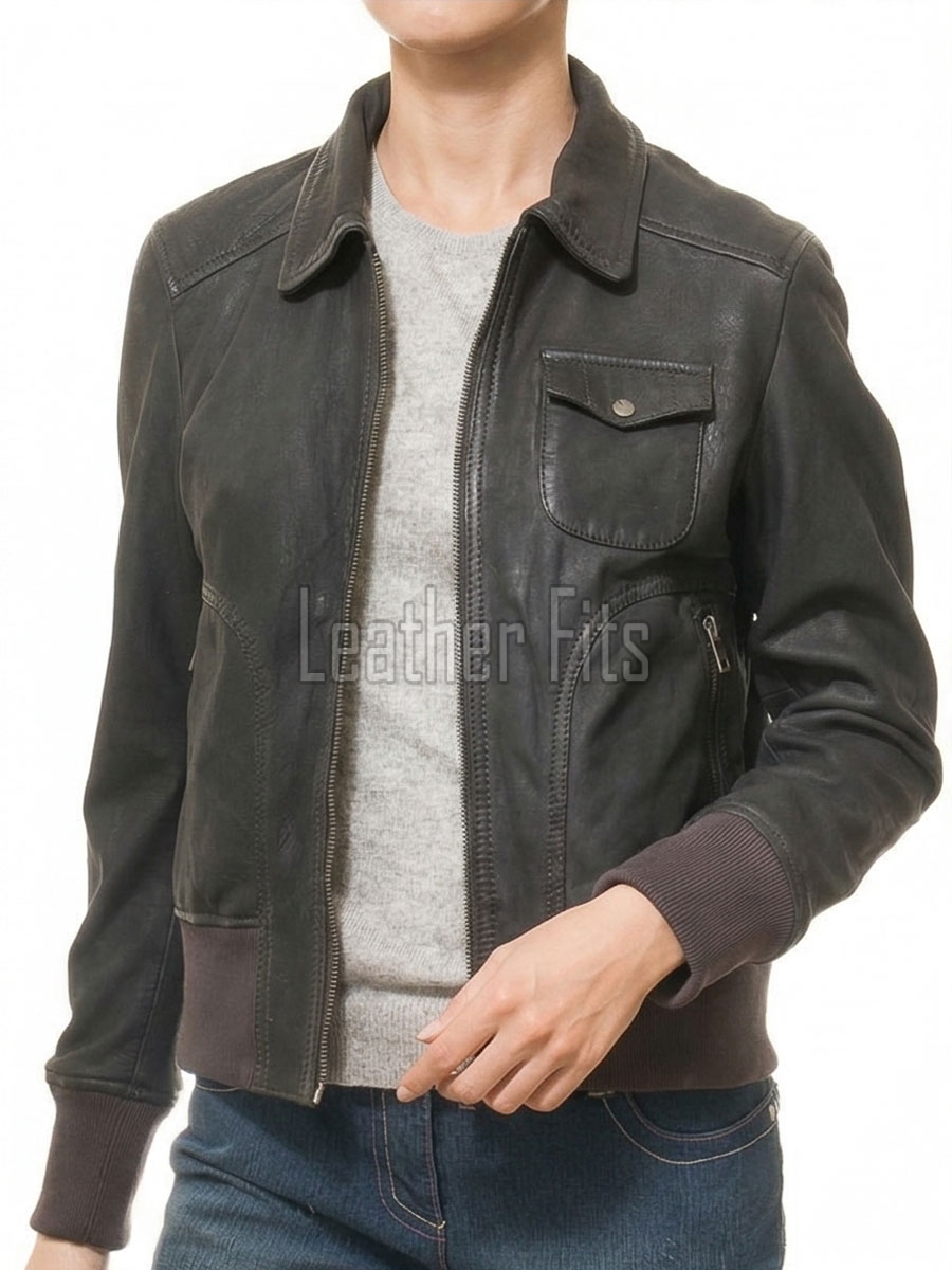 Regal Distressed Charcoal Leather Bomber Jacket - Feminine Fold Collar Snap Chest Pocket Ribbed Knit Waist Vintage Flight Sporty Rider Garment