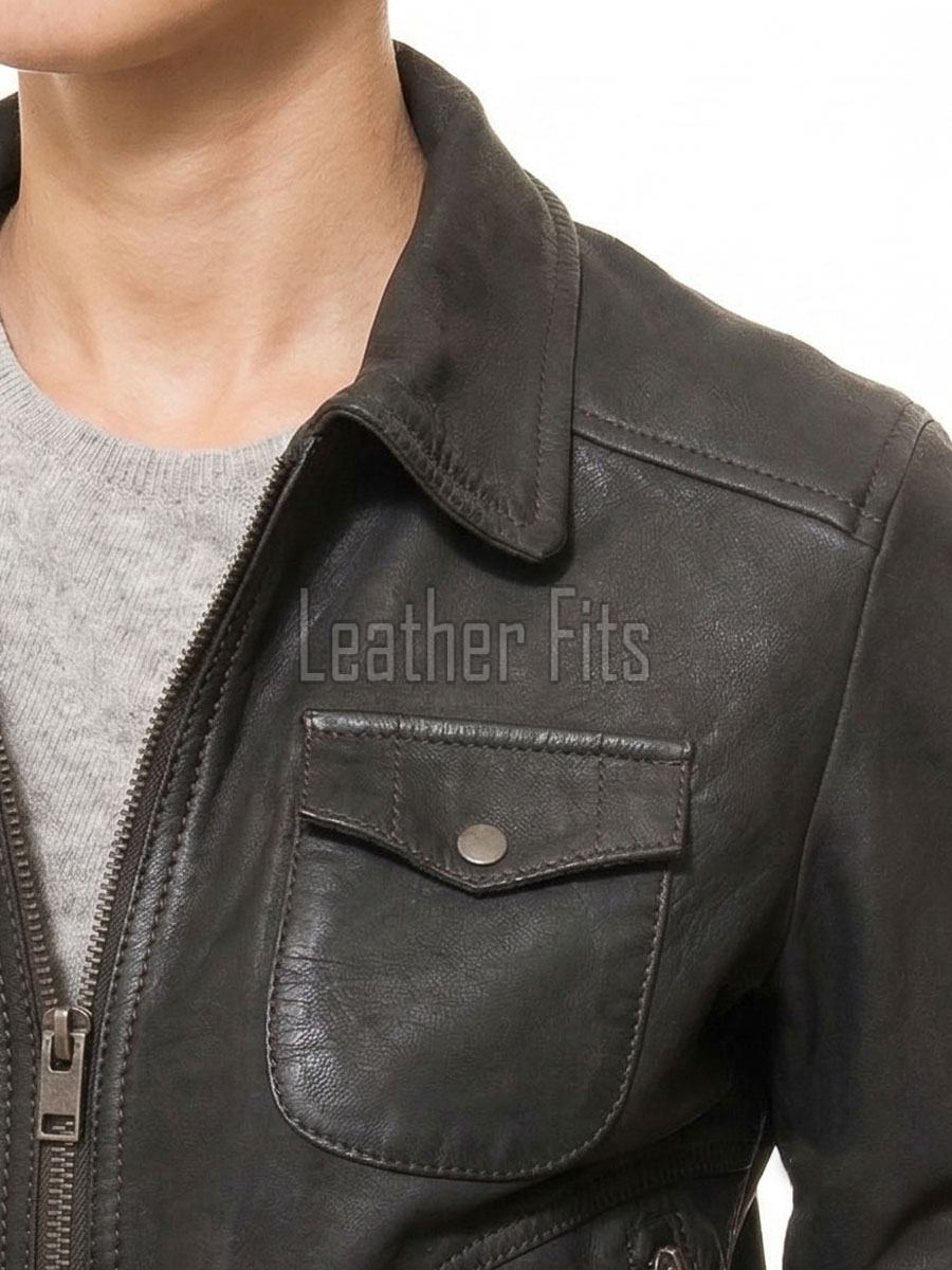 Regal Distressed Charcoal Leather Bomber Jacket - Feminine Fold Collar Snap Chest Pocket Ribbed Knit Waist Vintage Flight Sporty Rider Garment