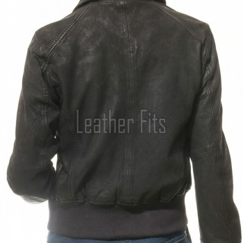 Sovereign Washed Black Leather Bomber Jacket - Women's Retro Fold Collar Utility Pocket Ribbed Knit Trim Sporty Heritage Aviator Apparel