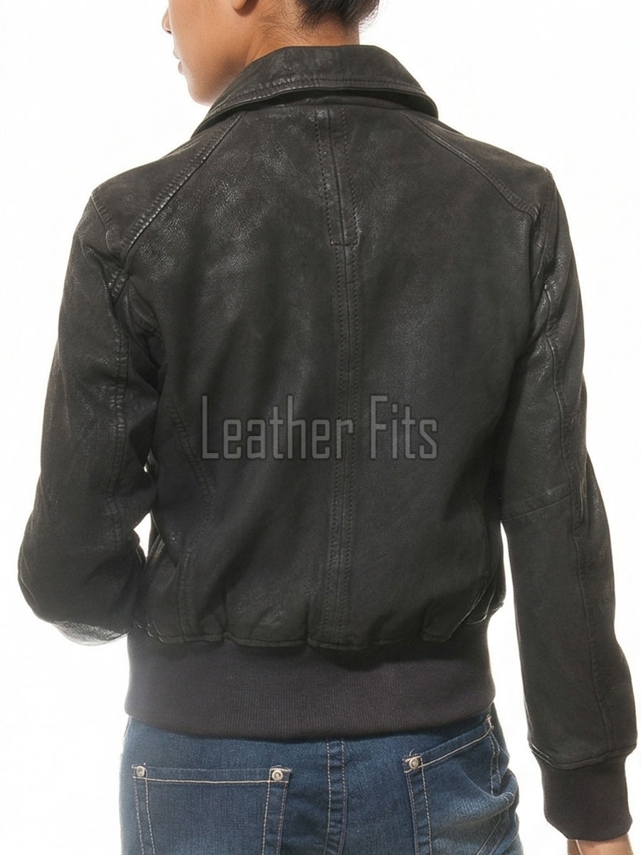 Sovereign Washed Black Leather Bomber Jacket - Women's Retro Fold Collar Utility Pocket Ribbed Knit Trim Sporty Heritage Aviator Apparel