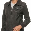 Sovereign Washed Black Leather Bomber Jacket - Women's Retro Fold Collar Utility Pocket Ribbed Knit Trim Sporty Heritage Aviator Apparel