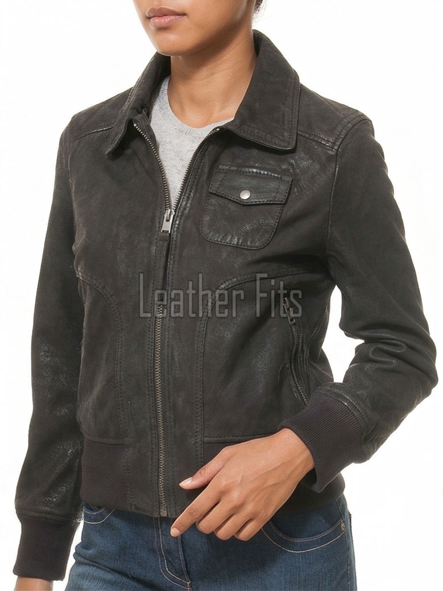 Sovereign Washed Black Leather Bomber Jacket - Women's Retro Fold Collar Utility Pocket Ribbed Knit Trim Sporty Heritage Aviator Apparel
