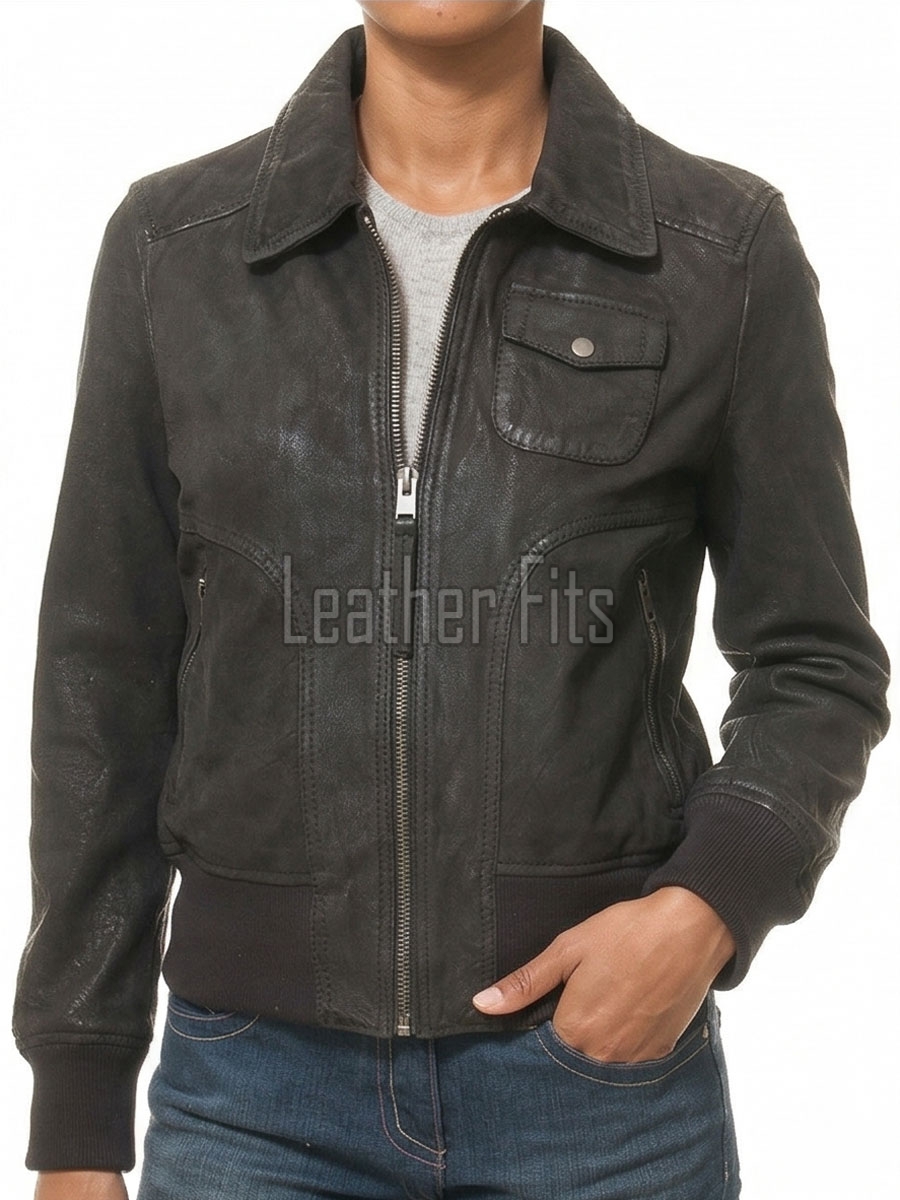 Sovereign Washed Black Leather Bomber Jacket - Women's Retro Fold Collar Utility Pocket Ribbed Knit Trim Sporty Heritage Aviator Apparel