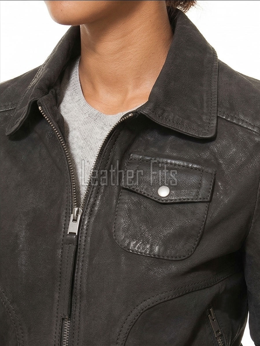 Sovereign Washed Black Leather Bomber Jacket - Women's Retro Fold Collar Utility Pocket Ribbed Knit Trim Sporty Heritage Aviator Apparel