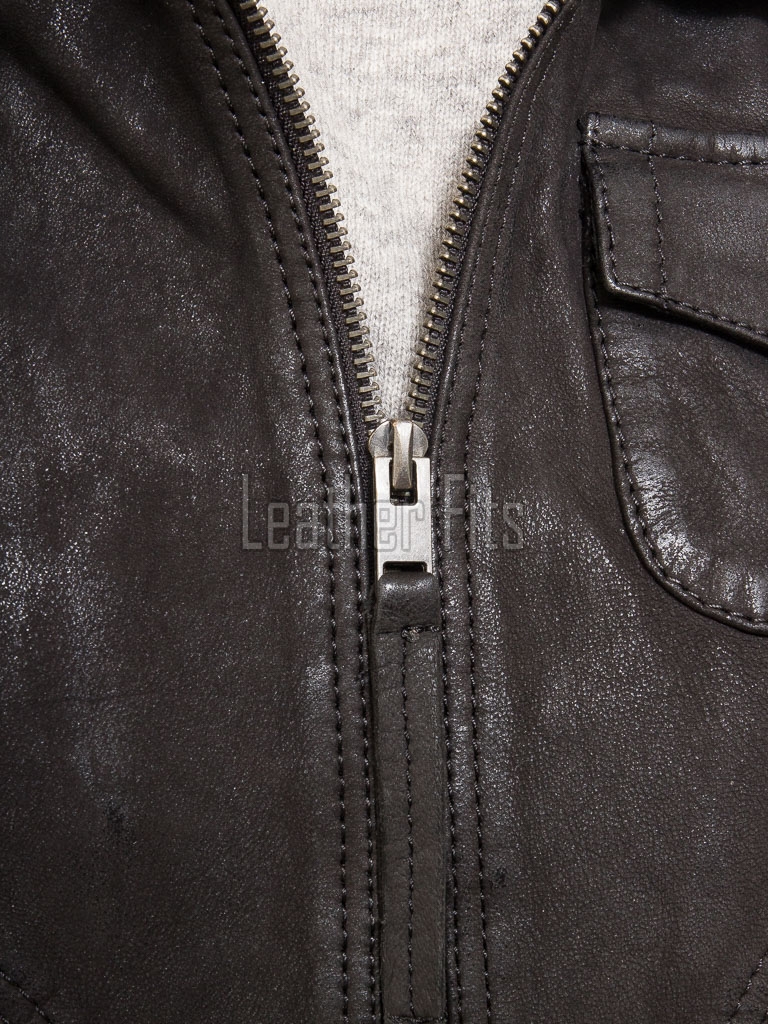 Sovereign Washed Black Leather Bomber Jacket - Women's Retro Fold Collar Utility Pocket Ribbed Knit Trim Sporty Heritage Aviator Apparel