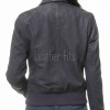 Pristine Navy Blue Leather Bomber Jacket - Women's Classic Fold Collar Utility Pocket Ribbed Knit Trim Sporty Heritage Aviators Apparel