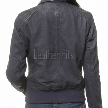 Pristine Navy Blue Leather Bomber Jacket - Women's Classic Fold Collar Utility Pocket Ribbed Knit Trim Sporty Heritage Aviators Apparel