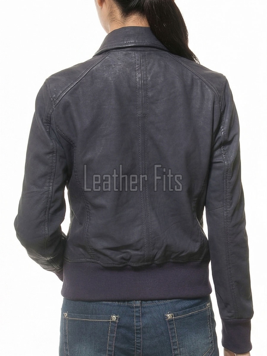 Pristine Navy Blue Leather Bomber Jacket - Women's Classic Fold Collar Utility Pocket Ribbed Knit Trim Sporty Heritage Aviators Apparel
