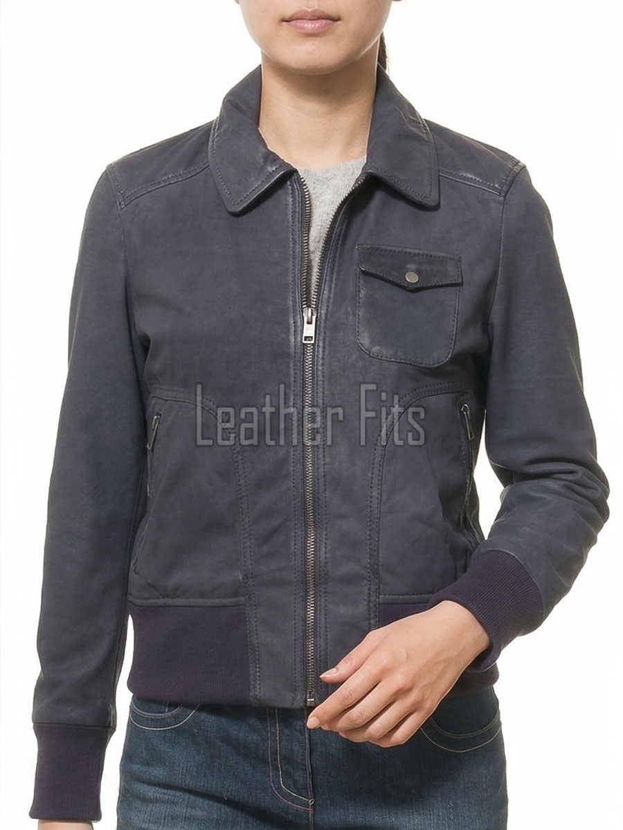Pristine Navy Blue Leather Bomber Jacket - Women's Classic Fold Collar Utility Pocket Ribbed Knit Trim Sporty Heritage Aviators Apparel