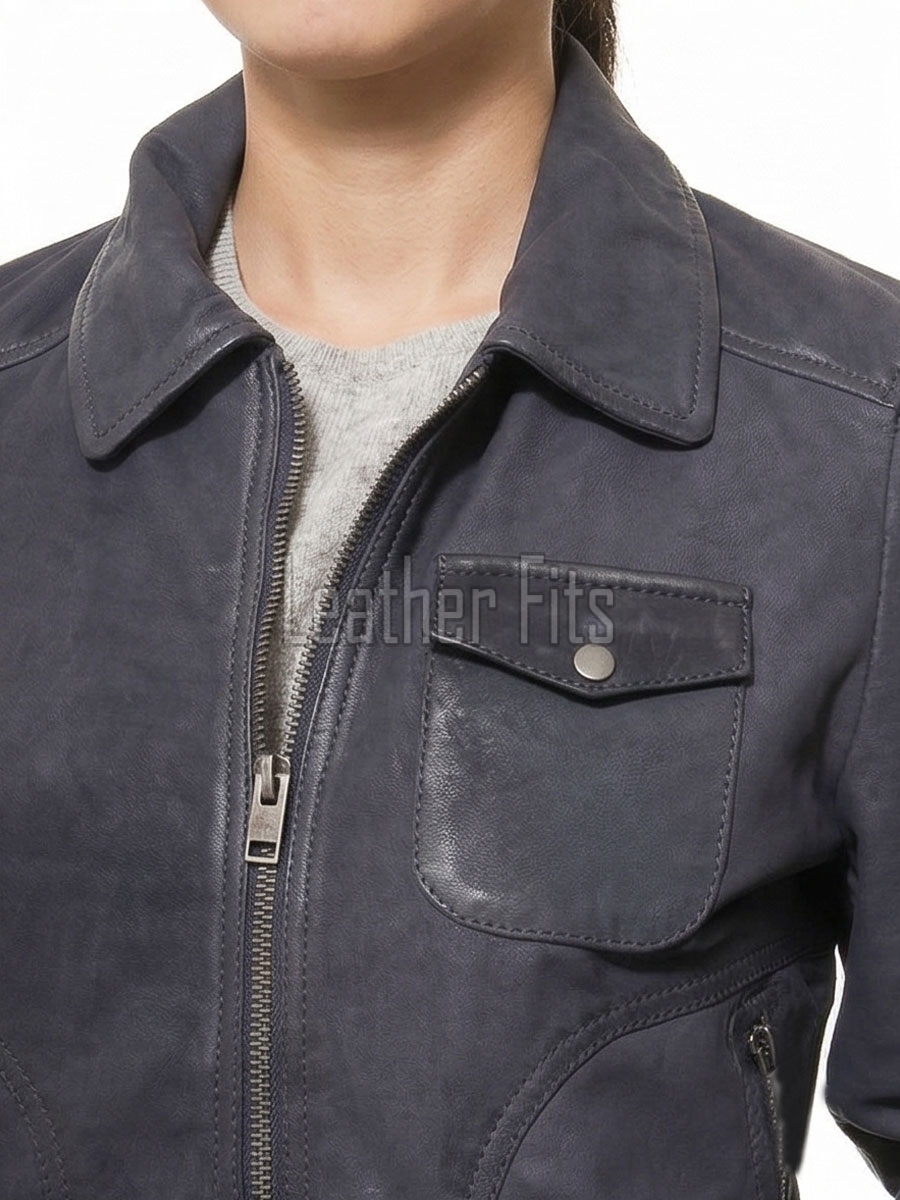 Pristine Navy Blue Leather Bomber Jacket - Women's Classic Fold Collar Utility Pocket Ribbed Knit Trim Sporty Heritage Aviators Apparel