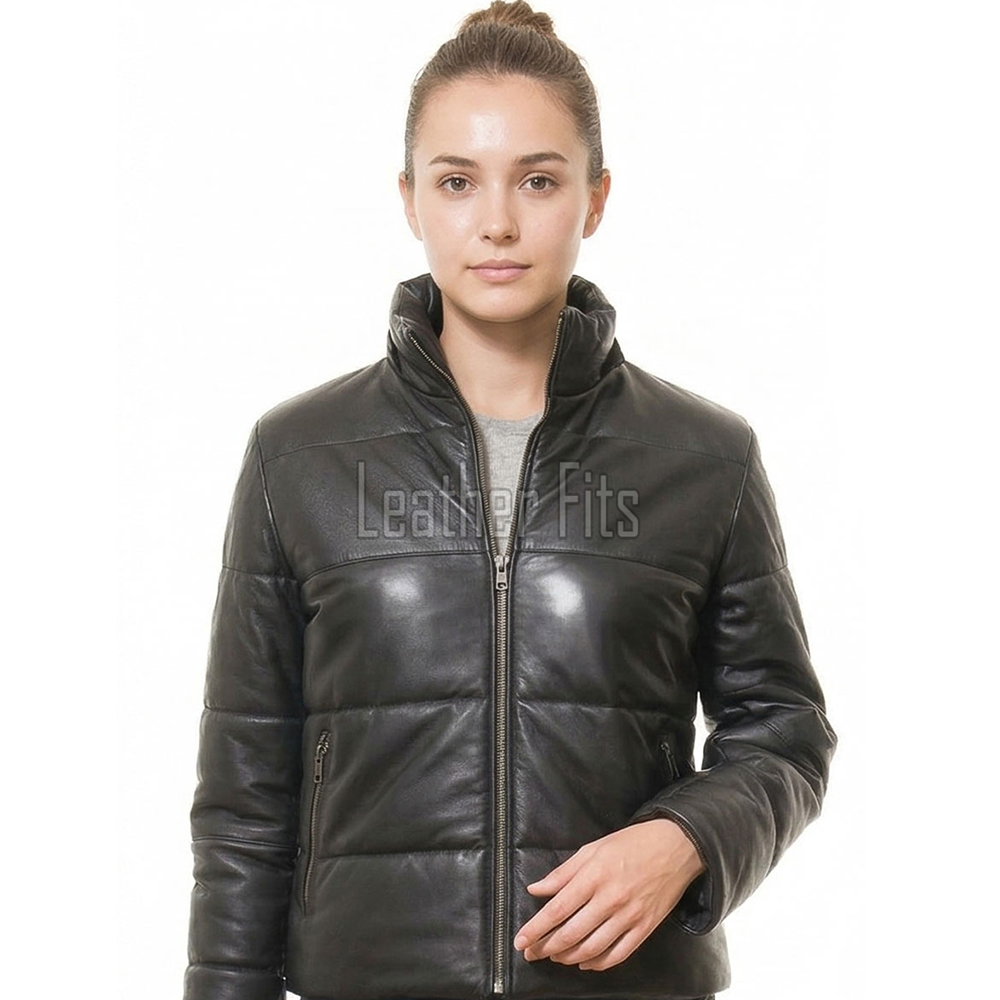 Opulent Black Leather Puffer Jacket - Detachable Hooded Quilted Panels Classic Winter Streetwear Women's High Stand Collar Premium Outerwear