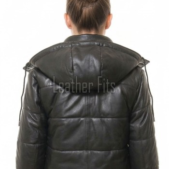 Opulent Black Leather Puffer Jacket - Detachable Hooded Quilted Panels Classic Winter Streetwear Women's High Stand Collar Premium Outerwear
