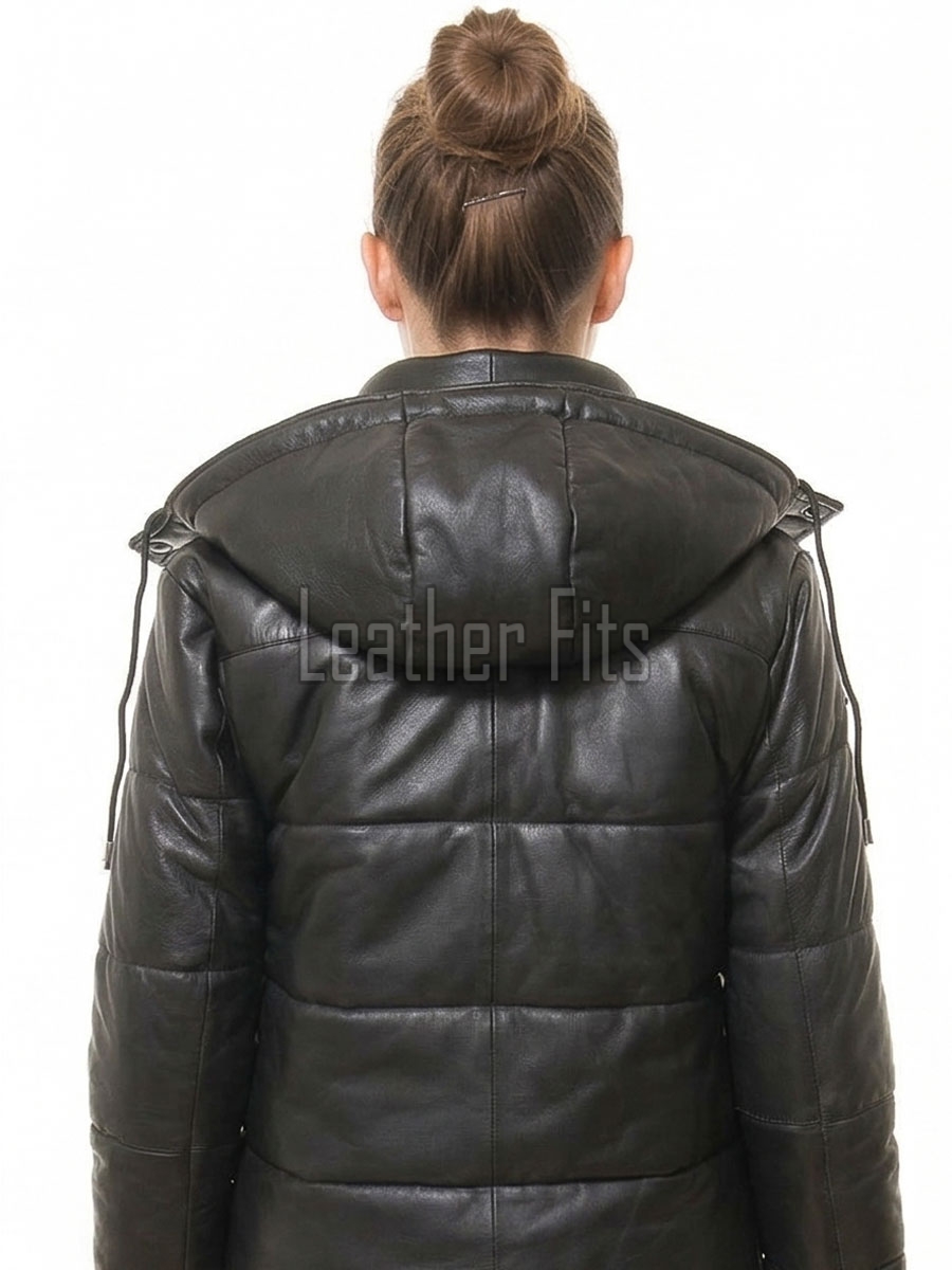 Opulent Black Leather Puffer Jacket - Detachable Hooded Quilted Panels Classic Winter Streetwear Women's High Stand Collar Premium Outerwear