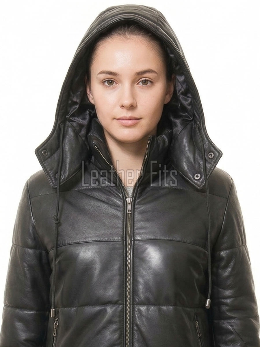 Opulent Black Leather Puffer Jacket - Detachable Hooded Quilted Panels Classic Winter Streetwear Women's High Stand Collar Premium Outerwear