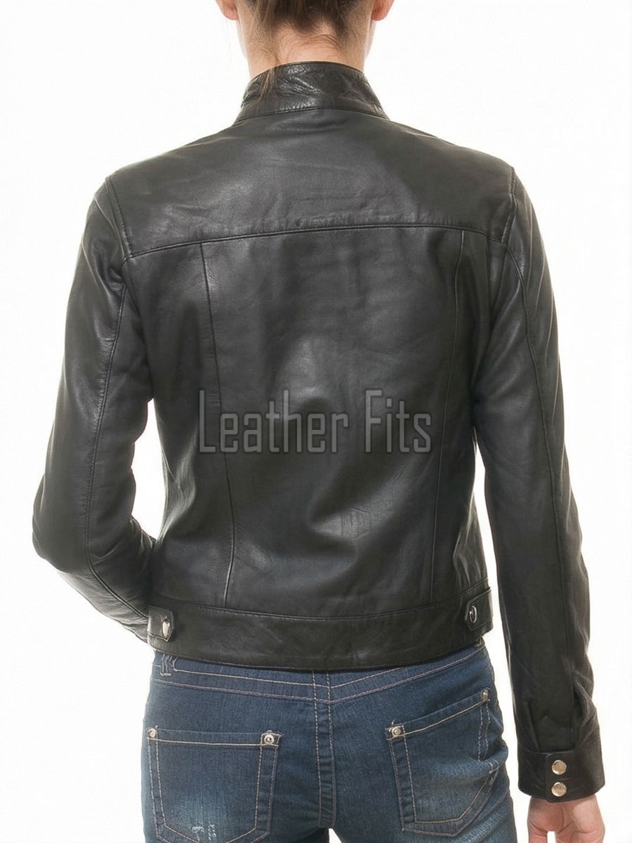 Elite Cafe Racer Black Leather Moto Jacket - Women's Snap Collar Dual Zip Chest Pockets Slim Fit Fitted Heritage Streetwear Outerwear Piece!