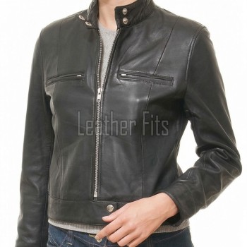 Elite Cafe Racer Black Leather Moto Jacket - Women's Snap Collar Dual Zip Chest Pockets Slim Fit Fitted Heritage Streetwear Outerwear Piece!