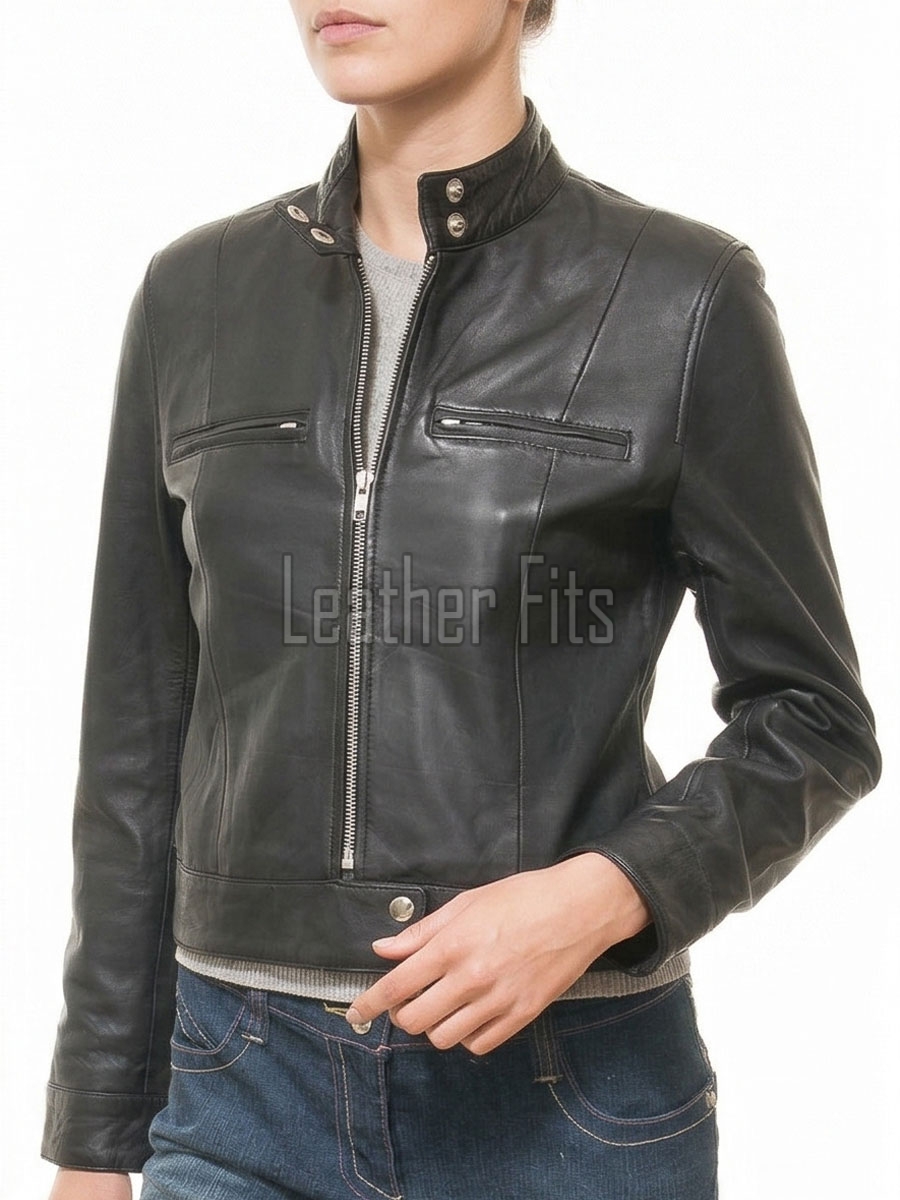 Elite Cafe Racer Black Leather Moto Jacket - Women's Snap Collar Dual Zip Chest Pockets Slim Fit Fitted Heritage Streetwear Outerwear Piece!