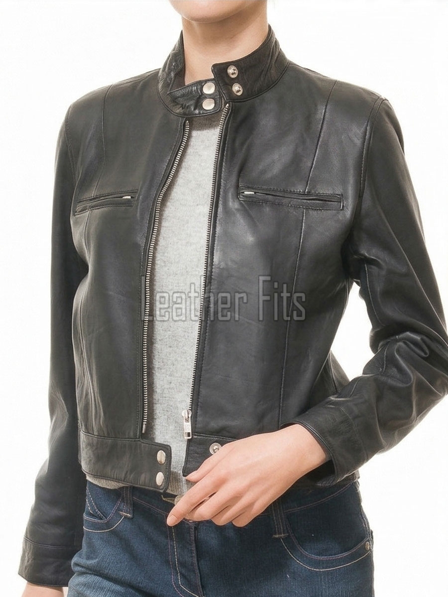 Elite Cafe Racer Black Leather Moto Jacket - Women's Snap Collar Dual Zip Chest Pockets Slim Fit Fitted Heritage Streetwear Outerwear Piece!