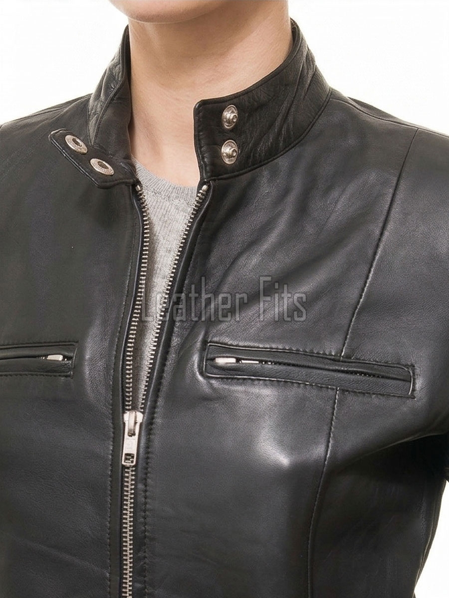 Elite Cafe Racer Black Leather Moto Jacket - Women's Snap Collar Dual Zip Chest Pockets Slim Fit Fitted Heritage Streetwear Outerwear Piece!