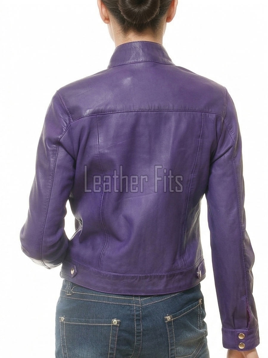 Sovereign Purple Leather Moto Jacket - Women's Snap Collar Dual Zip Chest Pockets Slim Fit Fitted Heritage Streetwear Outerwear Piece!