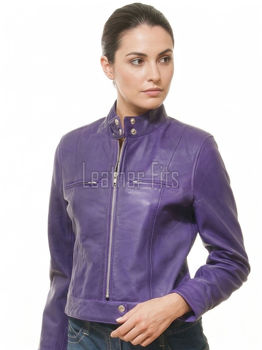 Sovereign Purple Leather Moto Jacket - Women's Snap Collar Dual Zip Chest Pockets Slim Fit Fitted Heritage Streetwear Outerwear Piece!