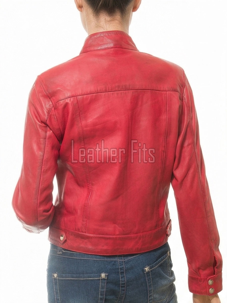 Majestic Red Leather Moto Jacket - Women's Snap Collar Dual Zip Chest Pockets Slim Fit Fitted Heritage Streetwear Outerwear Premium Piece