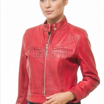Majestic Red Leather Moto Jacket - Women's Snap Collar Dual Zip Chest Pockets Slim Fit Fitted Heritage Streetwear Outerwear Premium Piece
