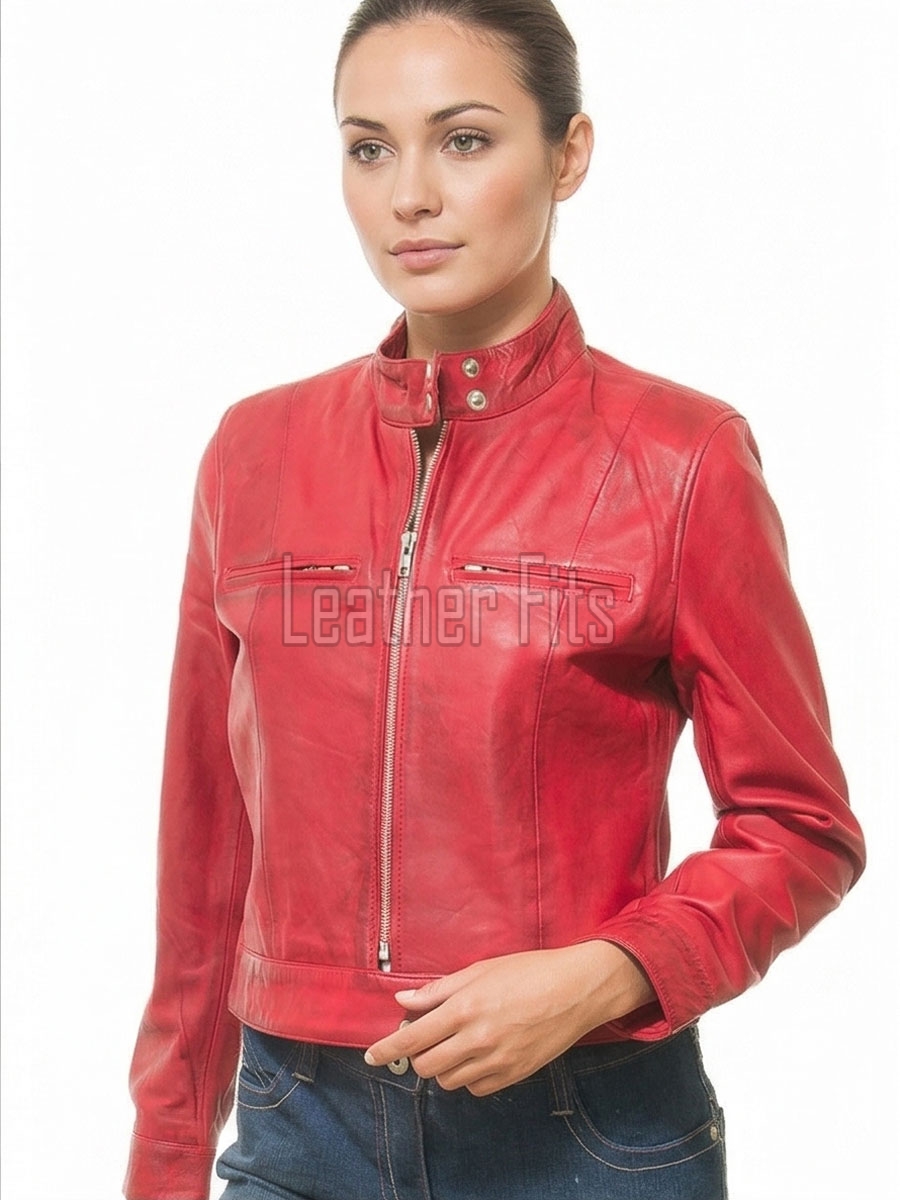 Majestic Red Leather Moto Jacket - Women's Snap Collar Dual Zip Chest Pockets Slim Fit Fitted Heritage Streetwear Outerwear Premium Piece