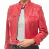 Majestic Red Leather Moto Jacket - Women's Snap Collar Dual Zip Chest Pockets Slim Fit Fitted Heritage Streetwear Outerwear Premium Piece