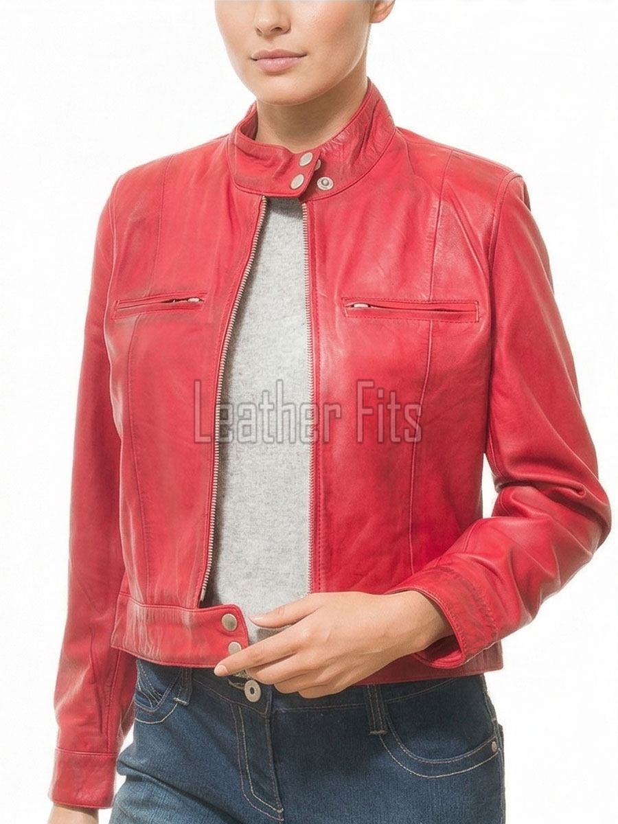 Majestic Red Leather Moto Jacket - Women's Snap Collar Dual Zip Chest Pockets Slim Fit Fitted Heritage Streetwear Outerwear Premium Piece