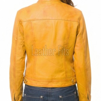 Mustard Yellow Leather Moto Jacket - Women's Snap Collar Dual Zip Chest Pockets Slim Fit Fitted Heritage Streetwear Outerwear