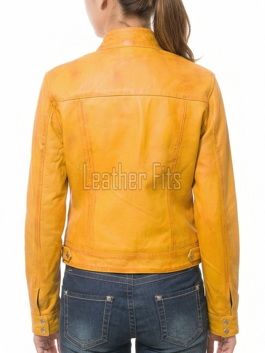 Mustard Yellow Leather Moto Jacket - Women's Snap Collar Dual Zip Chest Pockets Slim Fit Fitted Heritage Streetwear Outerwear
