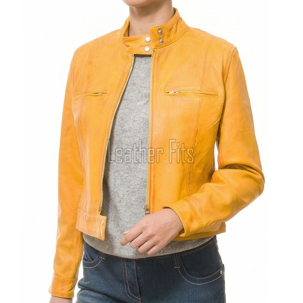 Mustard Yellow Leather Moto Jacket - Women's Snap Collar Dual Zip Chest Pockets Slim Fit Fitted Heritage Streetwear Outerwear
