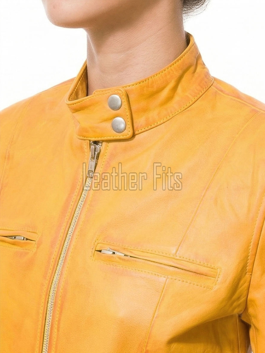 Mustard Yellow Leather Moto Jacket - Women's Snap Collar Dual Zip Chest Pockets Slim Fit Fitted Heritage Streetwear Outerwear