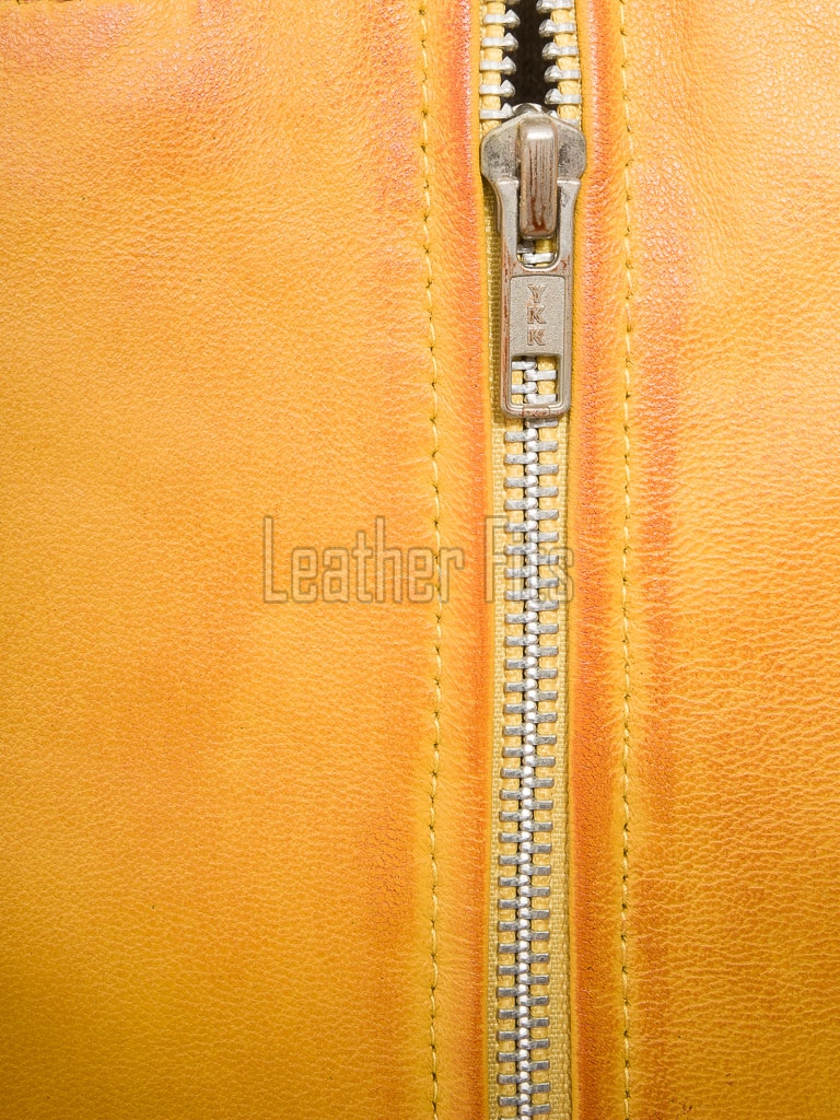 Mustard Yellow Leather Moto Jacket - Women's Snap Collar Dual Zip Chest Pockets Slim Fit Fitted Heritage Streetwear Outerwear