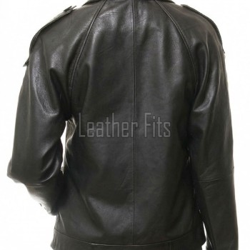 Black Leather Trench Style Moto Jacket - Women's Double Breasted Wide Lapels Epaulets Raglan Sleeves Classic Heritage Outerwear