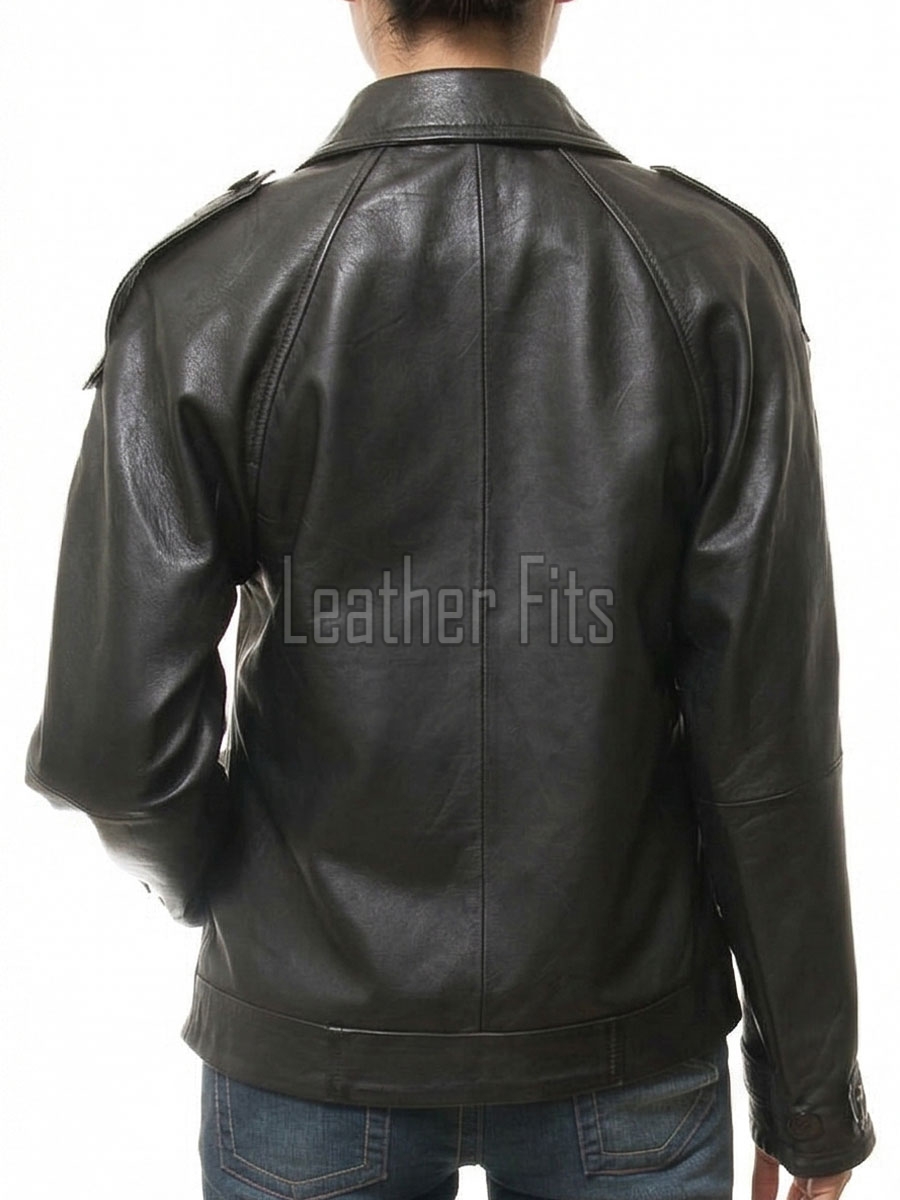 Black Leather Trench Style Moto Jacket - Women's Double Breasted Wide Lapels Epaulets Raglan Sleeves Classic Heritage Outerwear
