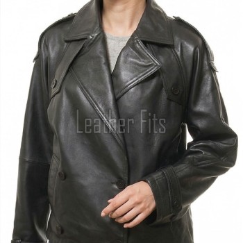 Black Leather Trench Style Moto Jacket - Women's Double Breasted Wide Lapels Epaulets Raglan Sleeves Classic Heritage Outerwear