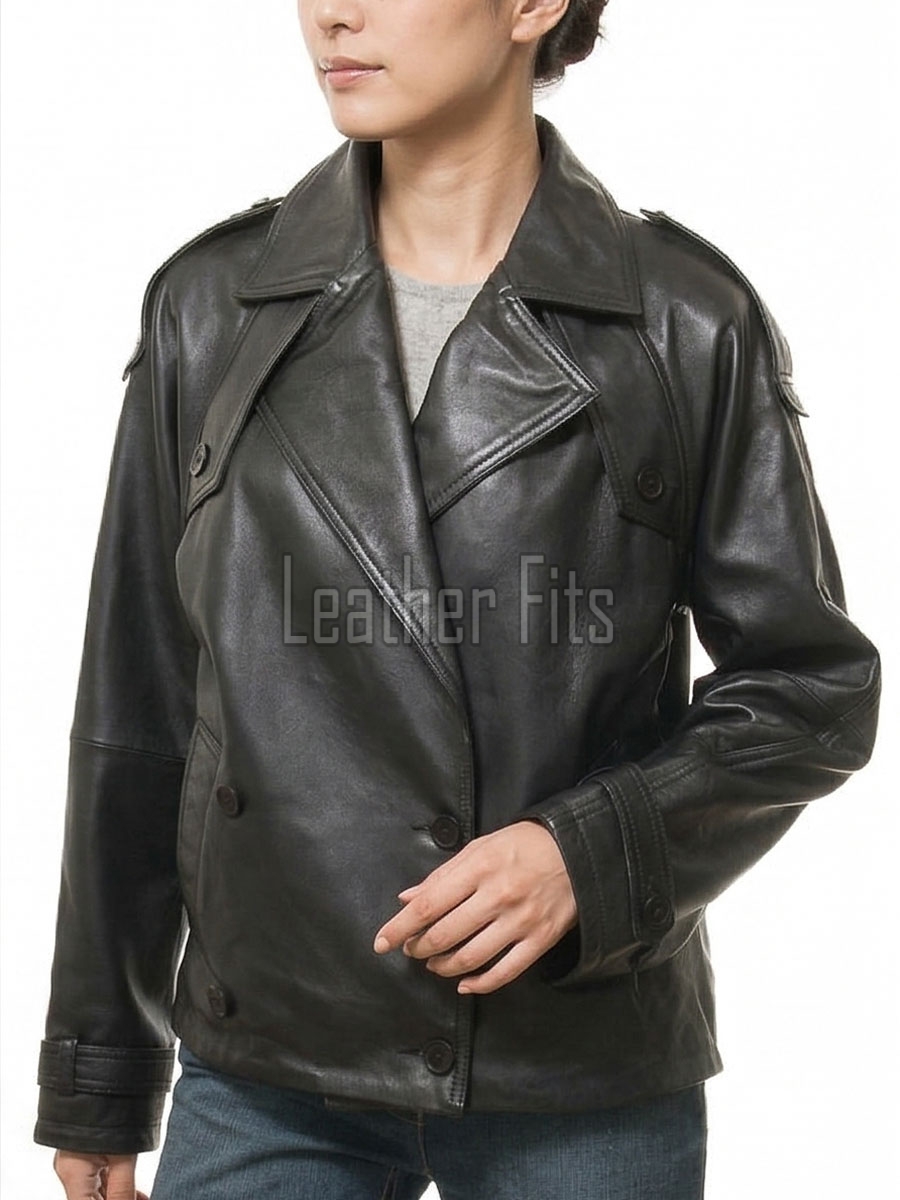 Black Leather Trench Style Moto Jacket - Women's Double Breasted Wide Lapels Epaulets Raglan Sleeves Classic Heritage Outerwear