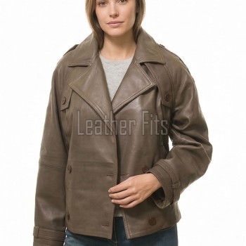 Brown Leather Trench Style Moto Jacket - Women's Double Breasted Wide Lapels Epaulets Raglan Sleeves Classic Heritage Outerwear