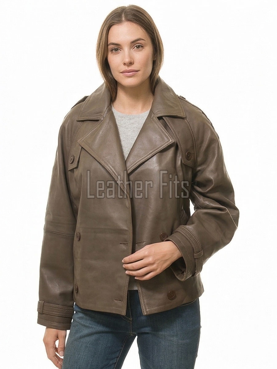 Brown Leather Trench Style Moto Jacket - Women's Double Breasted Wide Lapels Epaulets Raglan Sleeves Classic Heritage Outerwear
