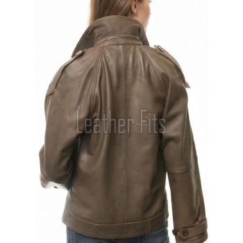 Brown Leather Trench Style Moto Jacket - Women's Double Breasted Wide Lapels Epaulets Raglan Sleeves Classic Heritage Outerwear