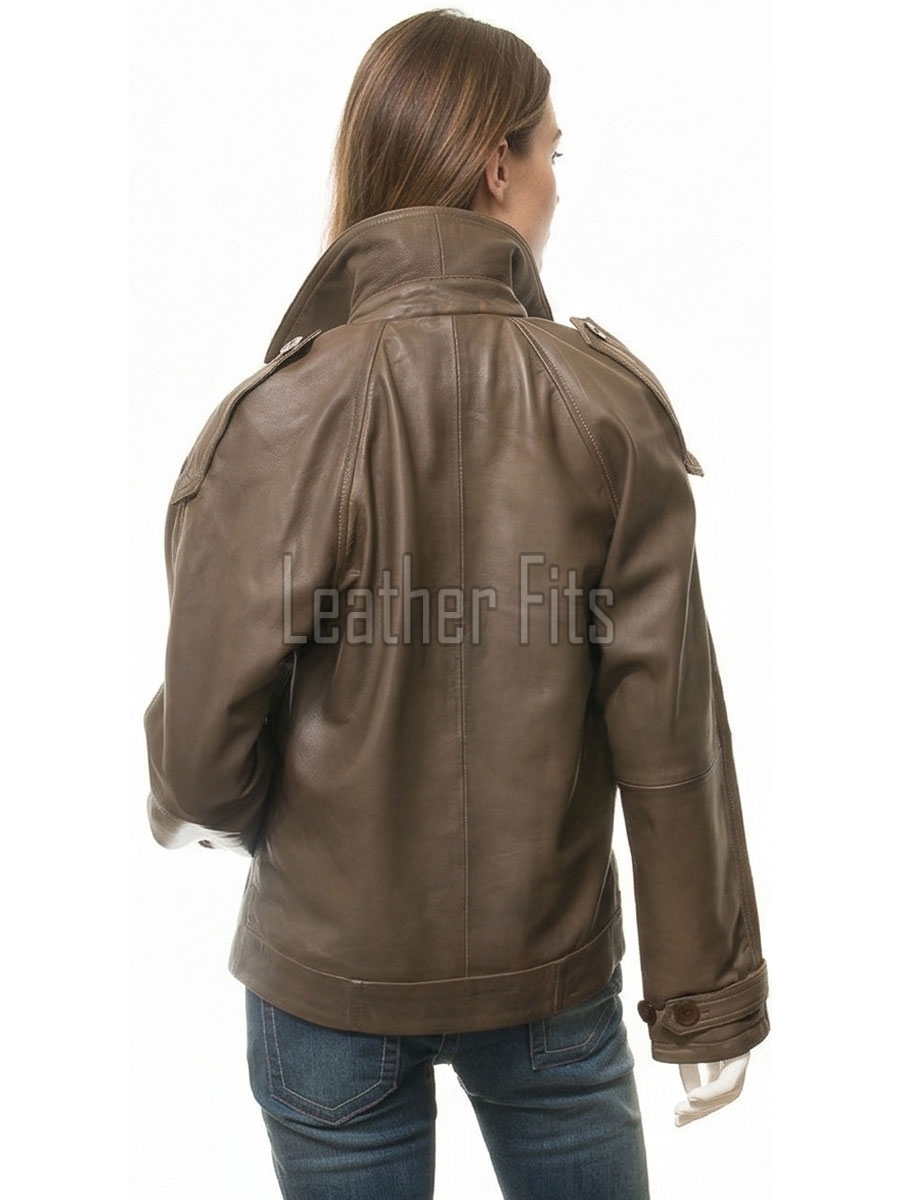 Brown Leather Trench Style Moto Jacket - Women's Double Breasted Wide Lapels Epaulets Raglan Sleeves Classic Heritage Outerwear