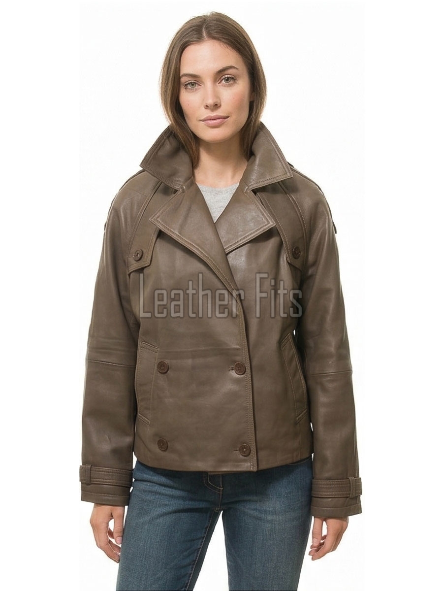 Brown Leather Trench Style Moto Jacket - Women's Double Breasted Wide Lapels Epaulets Raglan Sleeves Classic Heritage Outerwear