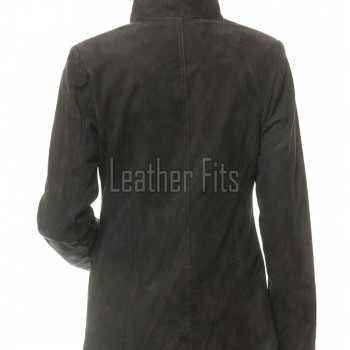 Majestic Dark Grey Suede Moto Jacket - Women's High Funnel Collar Hidden Zip Snap Button Placket Slim Fit Minimalist Premium Outerwear