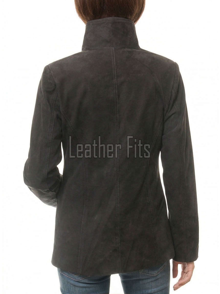 Majestic Dark Grey Suede Moto Jacket - Women's High Funnel Collar Hidden Zip Snap Button Placket Slim Fit Minimalist Premium Outerwear