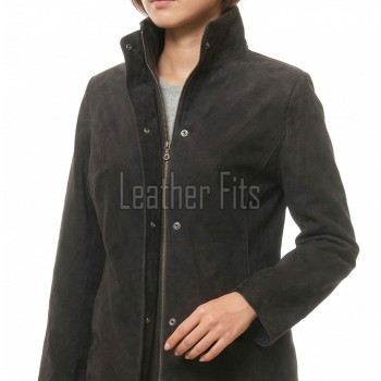 Majestic Dark Grey Suede Moto Jacket - Women's High Funnel Collar Hidden Zip Snap Button Placket Slim Fit Minimalist Premium Outerwear