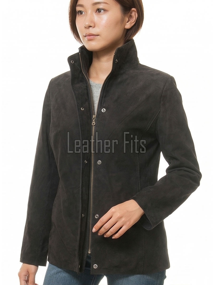 Majestic Dark Grey Suede Moto Jacket - Women's High Funnel Collar Hidden Zip Snap Button Placket Slim Fit Minimalist Premium Outerwear