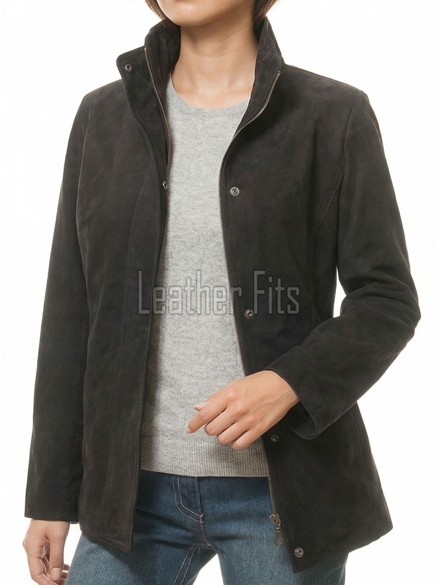 Majestic Dark Grey Suede Moto Jacket - Women's High Funnel Collar Hidden Zip Snap Button Placket Slim Fit Minimalist Premium Outerwear